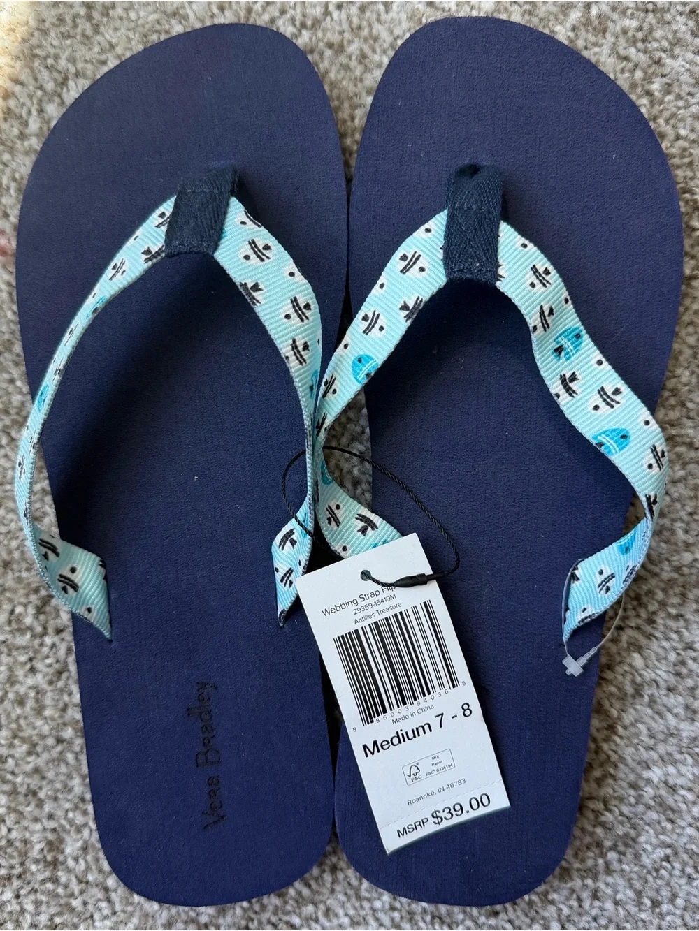 Vera Bradley Navy Flip Flop Sandals with Light Blue Patterned Straps - Picture 1 of 4